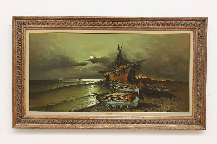 Main image of Beached Ships at Midnight Vintage Original Oil Painting, Torrielli 57.5"