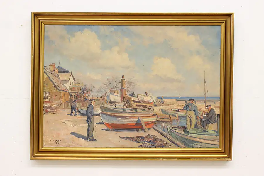 Main image of Bustling Fishing Harbor 1937 Vintage Original Oil Painting, Nyrop 55"