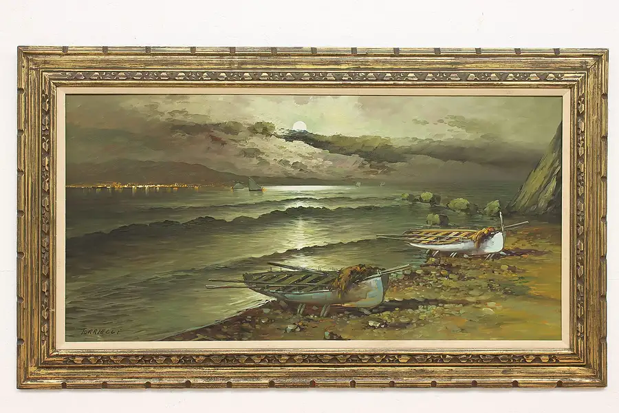 Main image of Moonlight & Rowboats Midnight Vintage Original Oil Painting Torrielli 57"