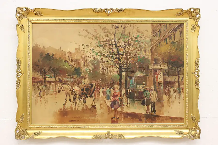 Main image of Paris Street Corner Scene Vintage Original Oil Painting 42.5"