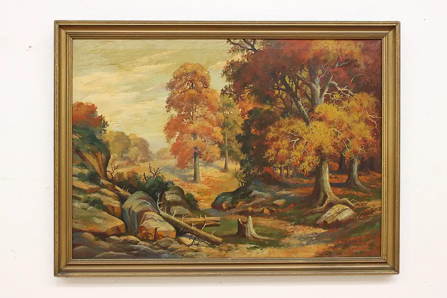 Main image of Autumn Forest Path Antique Original Oil Painting, Geis 53"