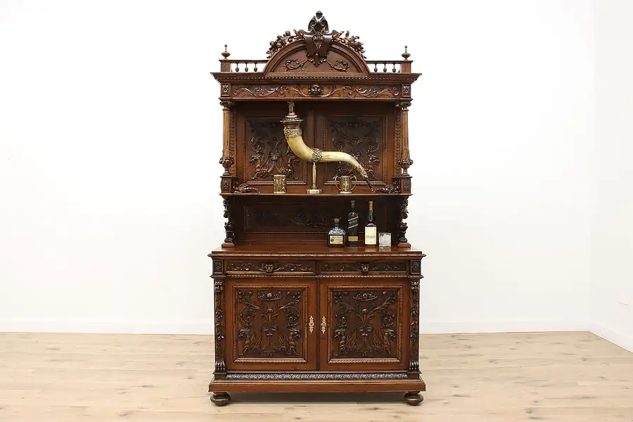 Main image of Renaissance Antique Oak Hunting Lodge Backbar, Bar Cabinet or Sideboard