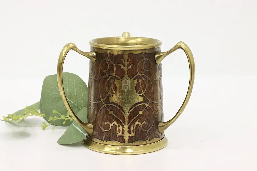 Main image of Farmhouse Antique Brass and Oak Three Handle Beer Stein or Mug