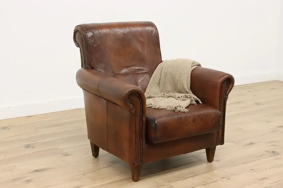 Main image of Art Deco 1930s Rustic Vintage Sheepskin Leather Chair, Brass Nailheads