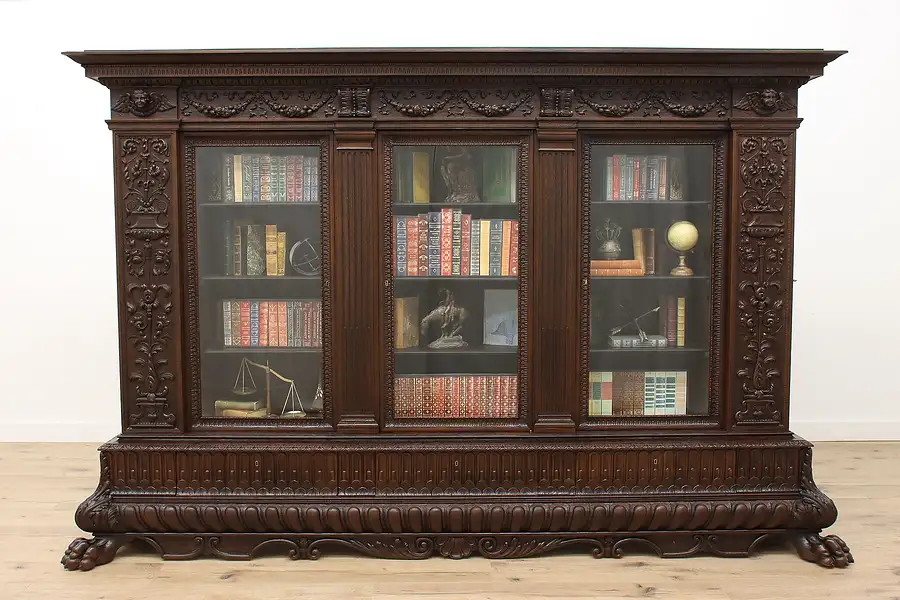 Main image of Italian Renaissance Antique Oak Office Library Bookcase, Paw Feet