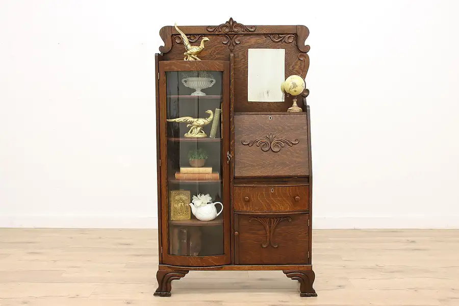 Main image of Victorian Antique Oak Side by Side Secretary Desk, Bookcase & Mirror