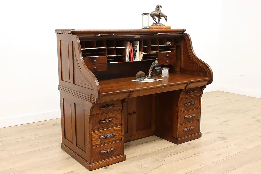 Main image of Victorian Antique Oak Roll Top Office or Library Desk, Rotary Files