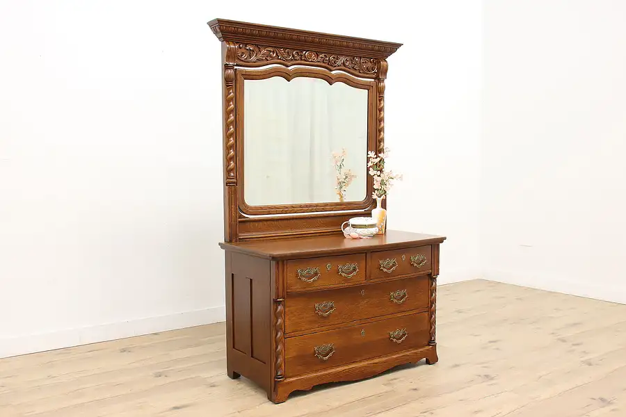 Main image of Victorian Antique Carved Oak 4 Drawer Chest or Dresser with Mirror