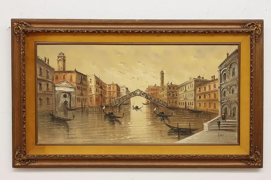 Main image of Venice Rialto Bridge Canal Scene Vintage Oil Painting, DeVity 59.5"