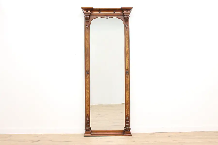 Main image of Victorian Eastlake Antique Carved Walnut & Burl 9' Pier or Hall Mirror