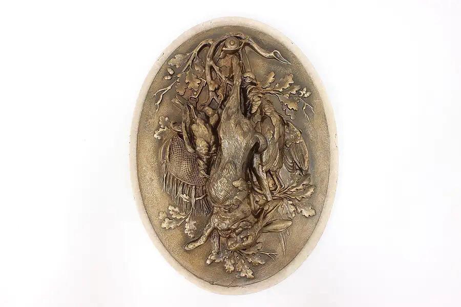 Main image of Bronze Overlay Sculpture Antique French Wall Plaque, Game Rabbit & Birds