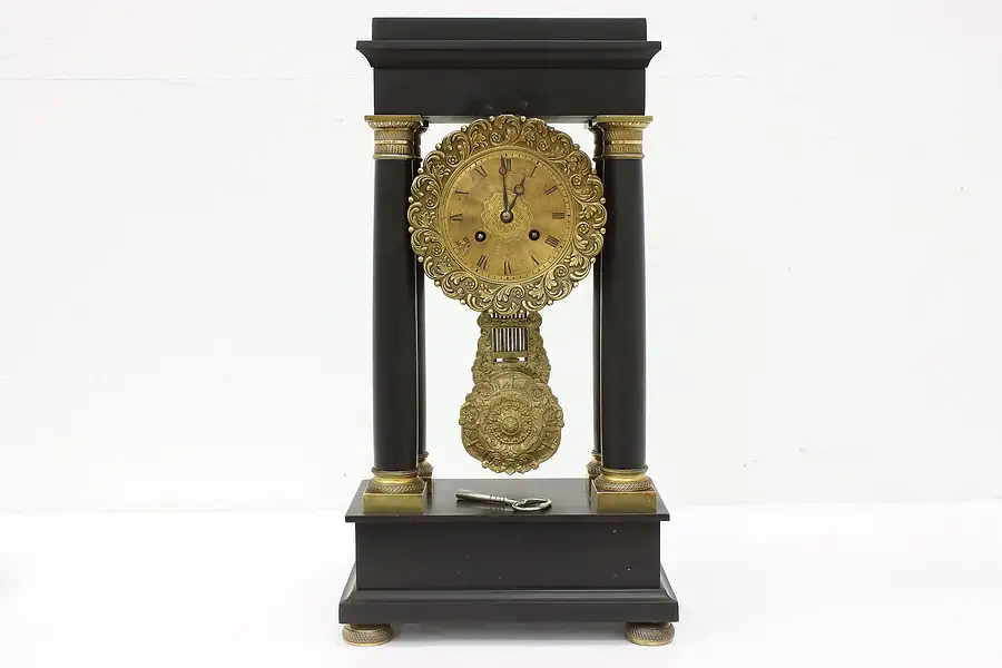 Main image of French Antique Slate & Brass Pillar Mantel Clock, Japy Freres