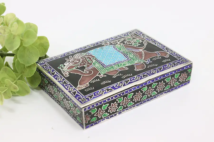 Main image of Indian Vintage Sterling Silver & Enamel Jewelry Box, Elephant