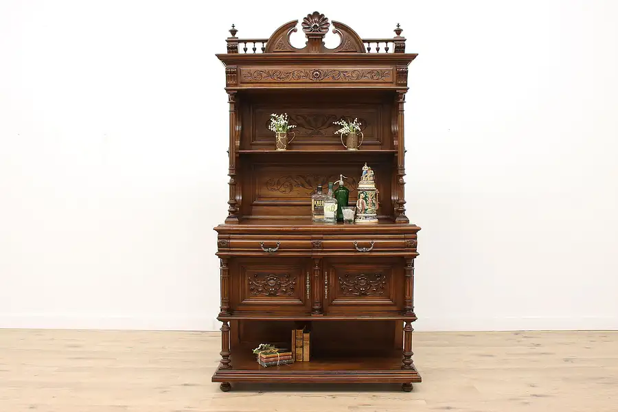 Main image of Renaissance Antique Carved Walnut Backbar, Bar Cabinet, or Server