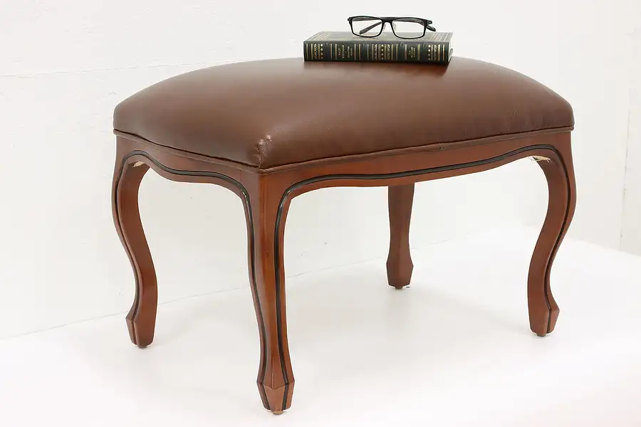 Main image of Traditional Carved Birch Vintage Leather Footstool, Ottoman, or Bench