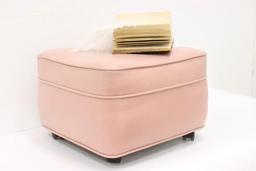 Main image of Art Deco Vintage Pink Vinyl Footstool or Small Ottoman, Wheels