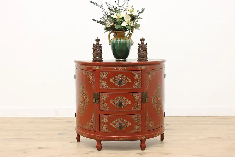 Main image of Chinese Vintage Hand Painted Lacquer Demilune, Chest or Hall Console