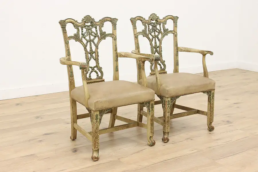 Main image of Pair of Georgian Design Vintage Carved Painted Chairs, Leather, Hickory