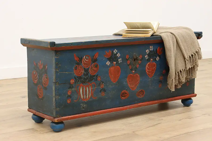 Main image of Scandinavian Antique 1760s Farmhouse Pine Dowry Blanket Chest, Rosemaling