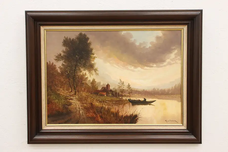 Main image of Canoe on Lake Vintage Original Oil Painting, Signed 50.5"