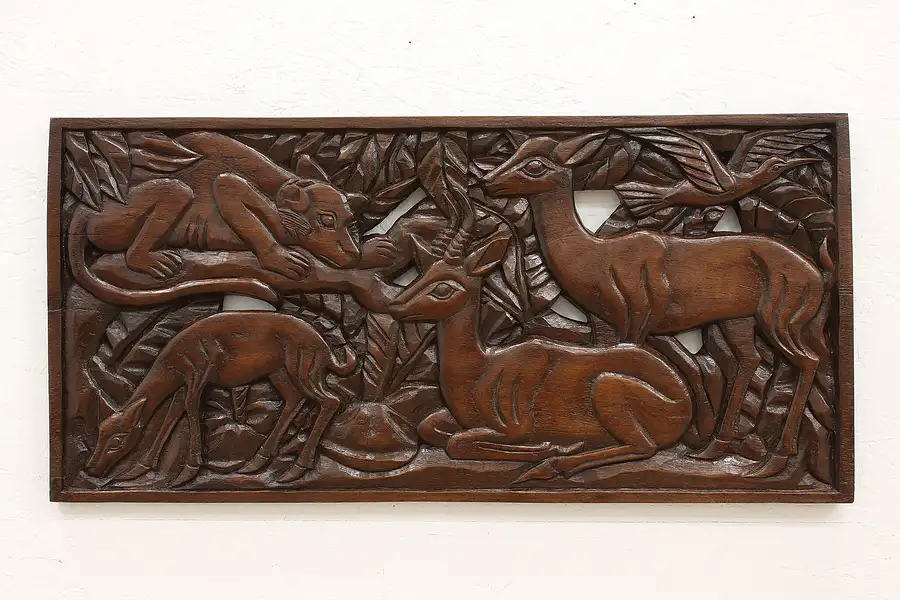 Main image of Deer & Monkey Vintage Architectural Salvage Carved Relief Panel, Tahiti