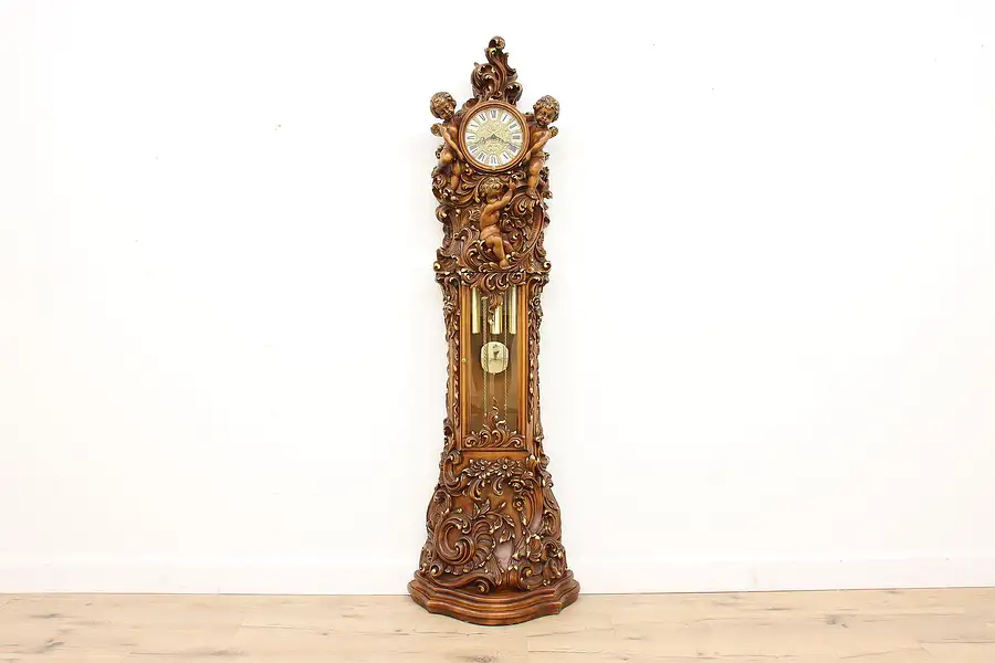 Main image of Italian Vintage Hand Carved Grandfather Tall Case Clock Montalbano Hermle