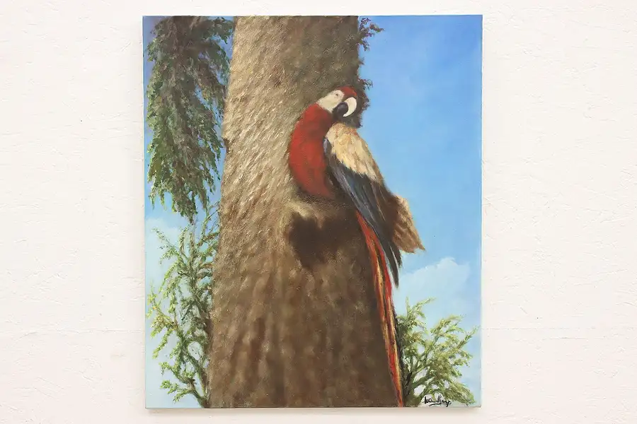 Main image of Scarlet Macaw Vintage Original Oil Painting, Signed 28"