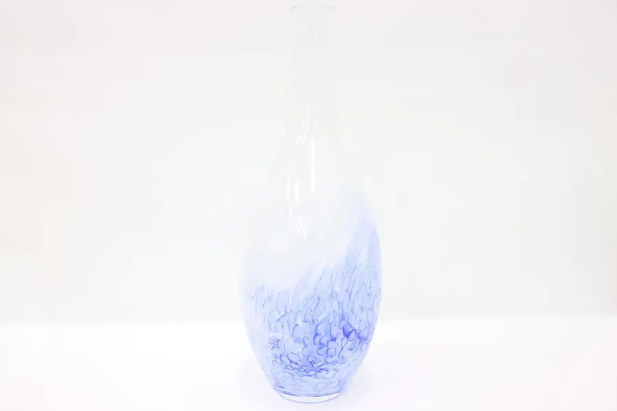 Main image of Blue, Opal & Clear Large Blown Vintage Art Glass 21" Vase, Poland