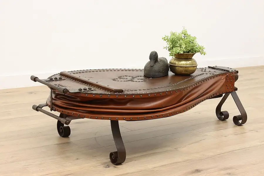 Main image of Farmhouse Vintage Blacksmith Bellows Coffee Table, Wrought Iron & Leather