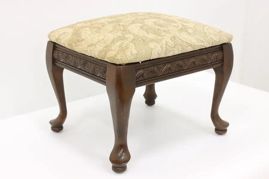 Main image of Traditional Carved Birch Vintage Footstool, New Upholstery