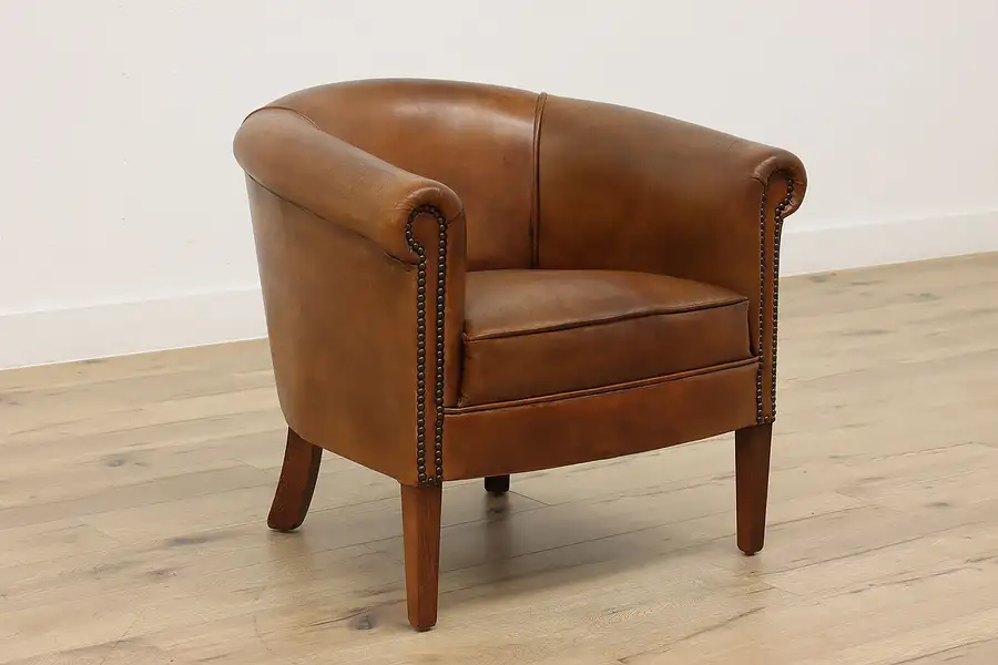 Main image of Art Deco Vintage Sheepskin Leather Club or Office Chair, Brass Nailheads