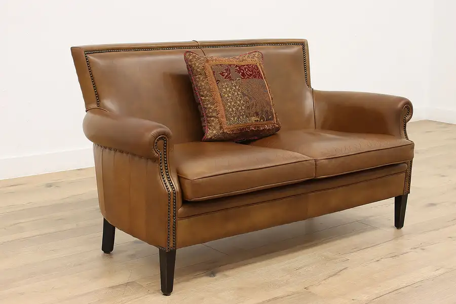 Main image of Traditional Vintage Leather Settee, Loveseat, Small Sofa Brass Nailheads