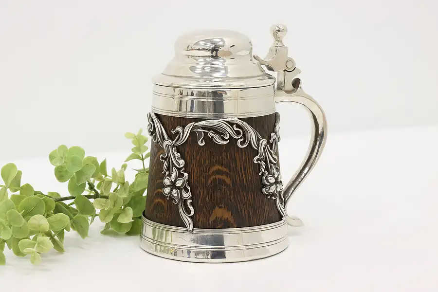 Main image of Farmhouse Antique Silverplate & Oak Beer Stein w/ Flowers, St. Louis