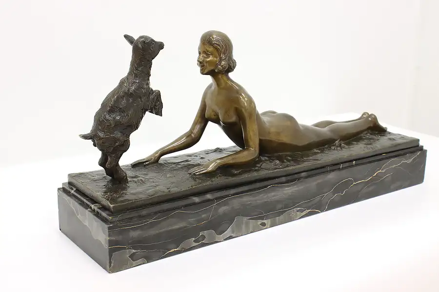 Main image of Art Deco French Bronze Sculpture of Nude & Pet Goat, Marble Base, D'Aste