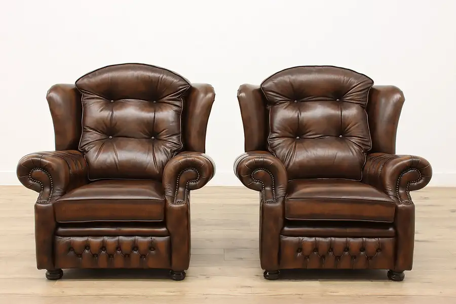 Main image of Pair English Chesterfield Vintage Tufted Leather Wing Chairs Springvale