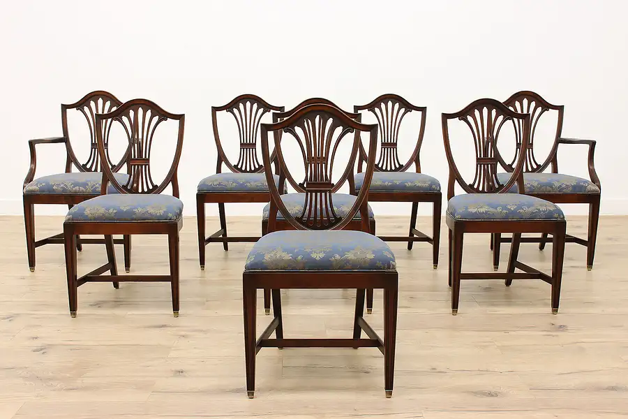 Main image of Set of 8 Georgian Shield Back Vintage Carved Mahogany Dining Chairs