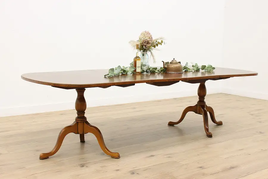 Main image of Georgian Design Vintage English Banded Burl & Yew Dining Table, 2 Leaves