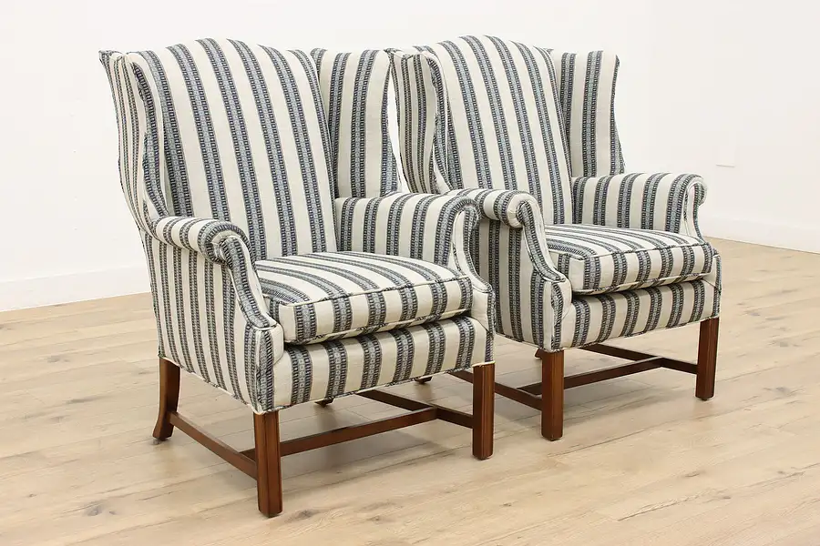 Main image of Pair of Georgian Design Vintage Carved Birch Wingback Chairs