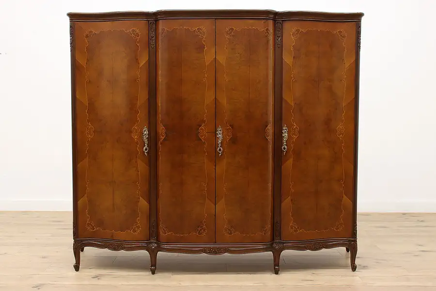 Main image of Italian Antique Walnut & Burl Marquetry Armoire, Wardrobe, or Closet