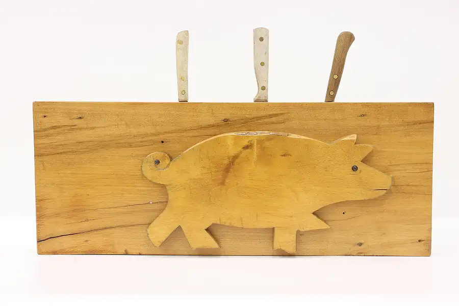 Main image of Farmhouse Vintage Folk Art Wall Hanging Knife Block, Carved Pig