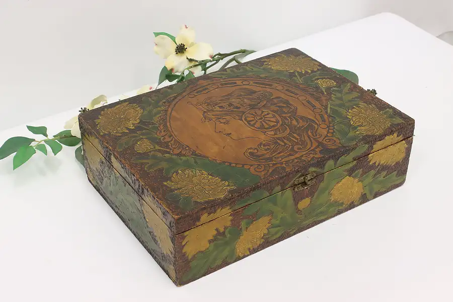 Main image of Art Nouveau Antique Burnt Wood Pyrography Painted Jewelry or Keepsake Box