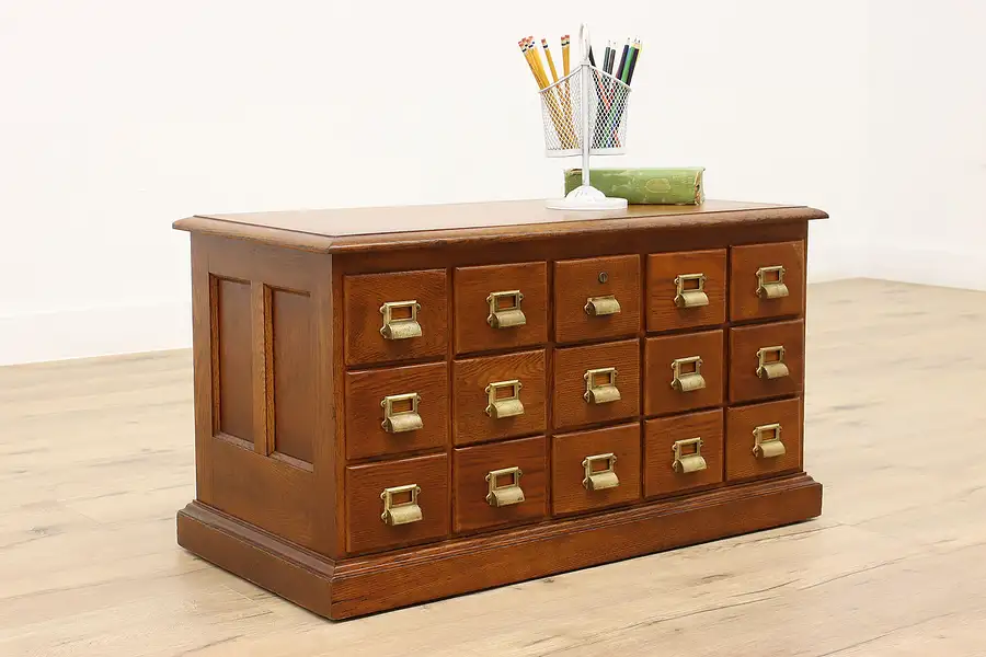 Main image of Oak Antique 15 Drawer Office File or Collector Cabinet Coffee Table