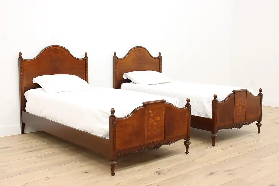 Main image of Pair of French Design Antique Mahogany & Marquetry Twin or Single Beds