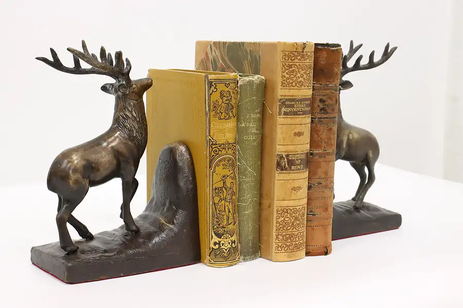 Main image of Pair of Farmhouse Brass Vintage Elk Sculpture Bookends, Iron Bases