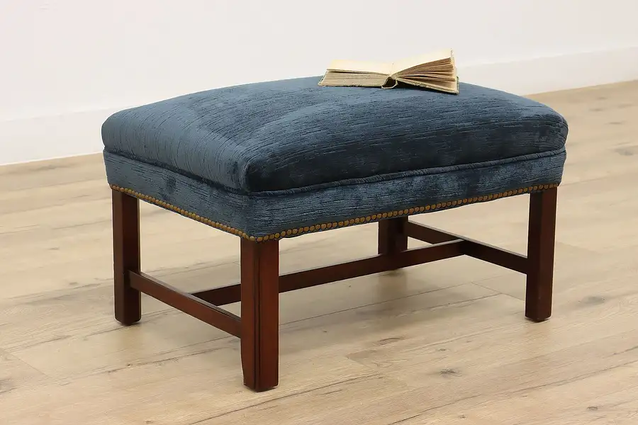 Main image of Georgian Design Vintage Blue Velvet Ottoman or Small Bench, Kittinger