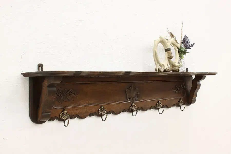 Main image of Dutch Antique Carved Oak Wall Hanging Coat Rack, Cherub Angel Hooks