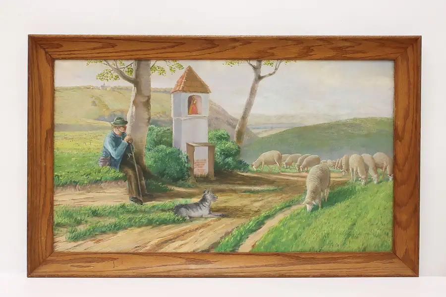 Main image of Shepherd & Sheep Flock & Shrine Vintage Original Oil Painting 37"