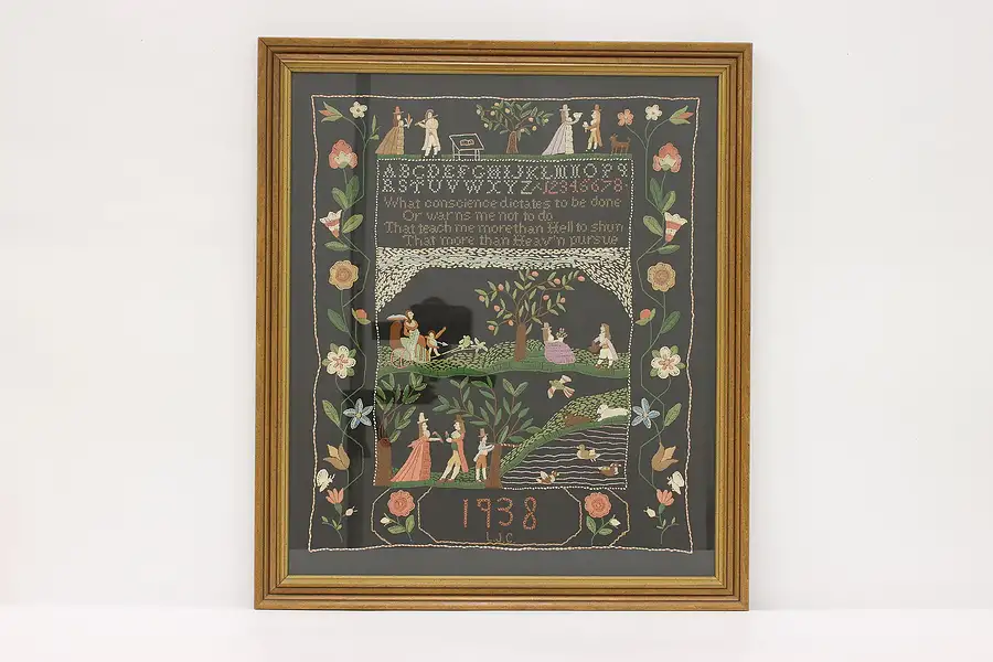 Main image of Child's Vintage Hand Stitched Embroidery Sampler Signed LJC 1938