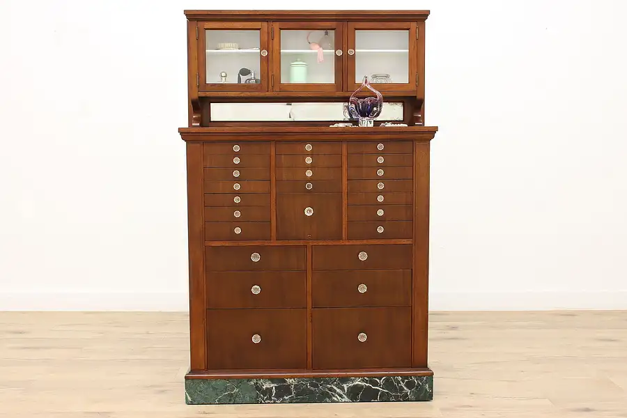 Main image of Dentist Antique Mahogany Dental, Jewelry, or Collector Cabinet, Marble