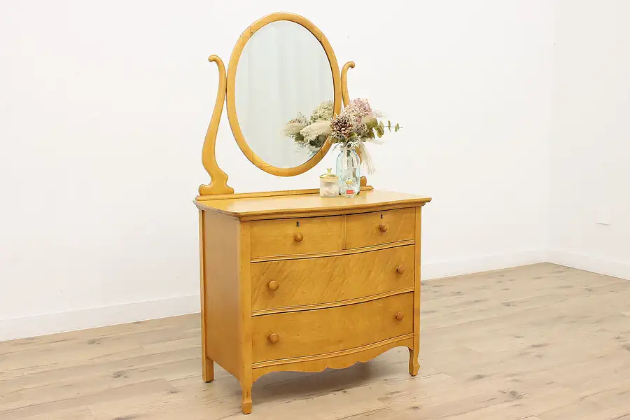 Main image of Traditional Antique Birdseye Maple Dresser or Chest, Oval Beveled Mirror